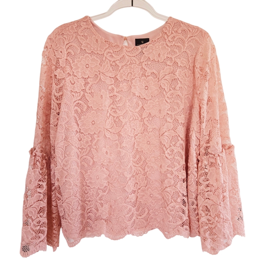 Worthington Lace Blouse Size L Pink Bell Sleeve Coquette Medieval Floral Lined